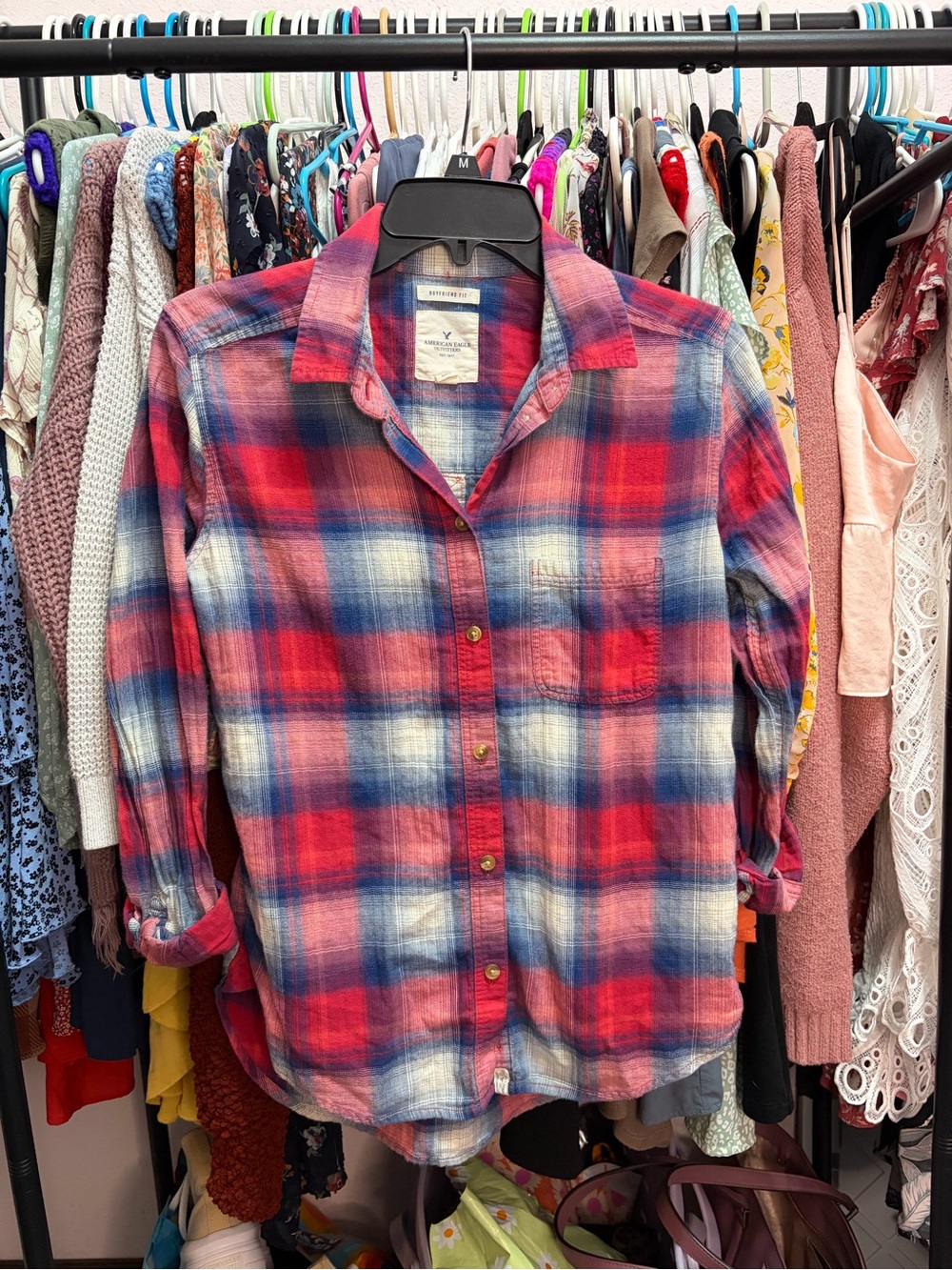 American Eagle Outfitters Red & Blue Plaid Button-Down Shirt